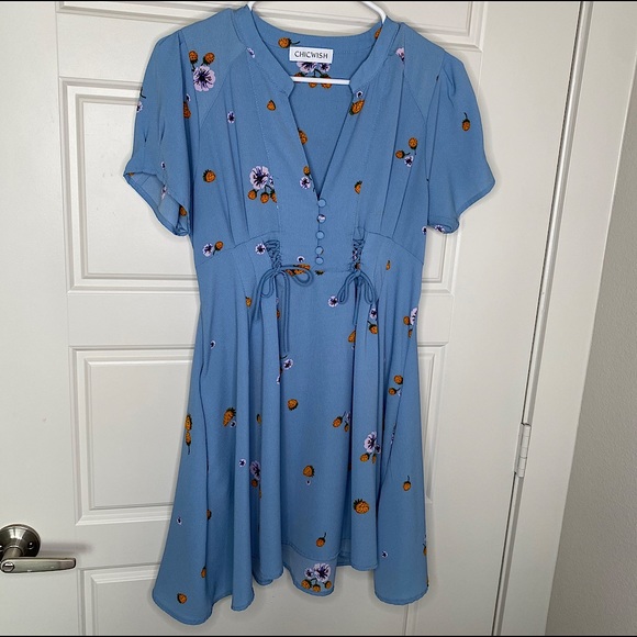 CHICWISH BLUE PINEAPPLE PRINT MINI DRESS SM - Picture 1 of 9